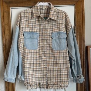 Plaid Button Down Shirt with Denim Sleeves